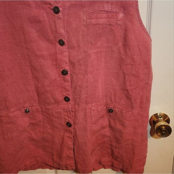 NU Construction XL PinkRedish Slvlss 100% LINEN Pockets Buttons Up Women Tunick - Picture 6 of 9